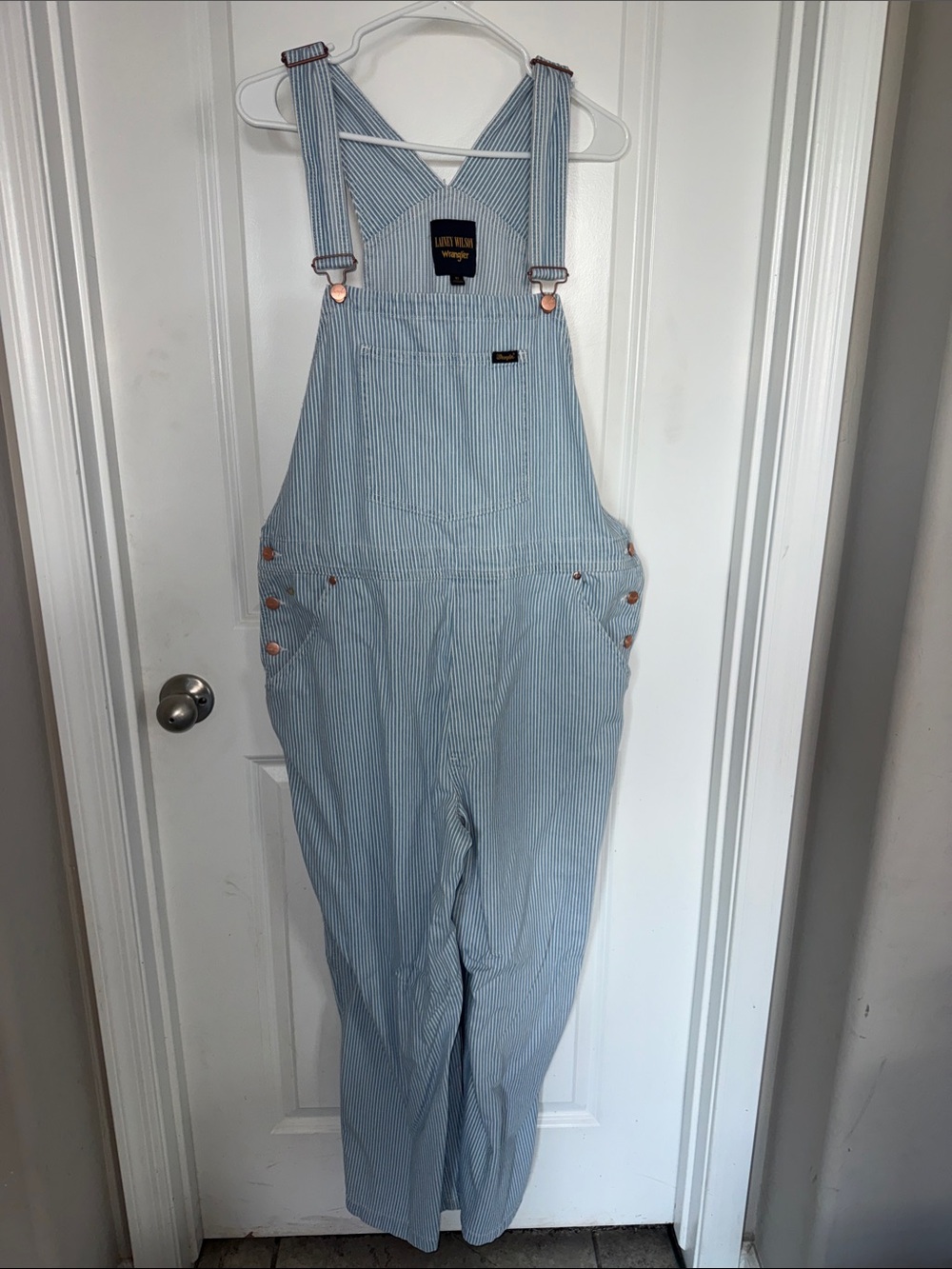 Lainey Wilson Wrangler Light Blue Pinstripe Overalls Jumpsuit by